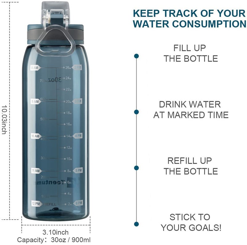 Teentumn Time Marker Water Bottle Gym, 30oz Large Durable Transparent Bottle for Workout Sport Travel Water Tracker Blue (Pack of 1) - Image 2